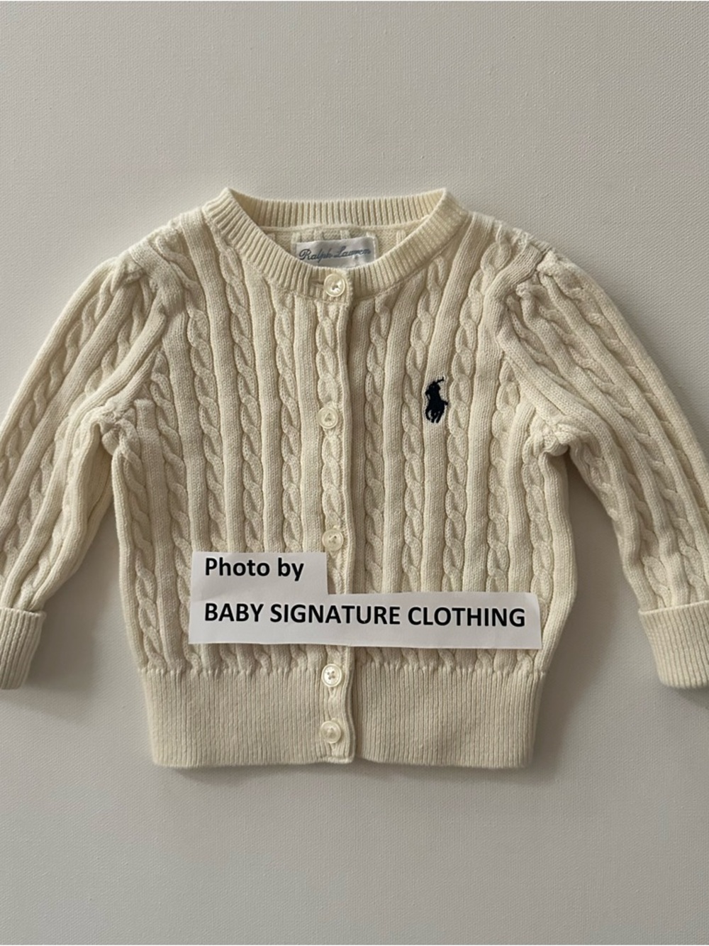 Ralph Lauren 6 Months Baby Girl Cream Cable Knit Cardigan Navy Pony Preppy